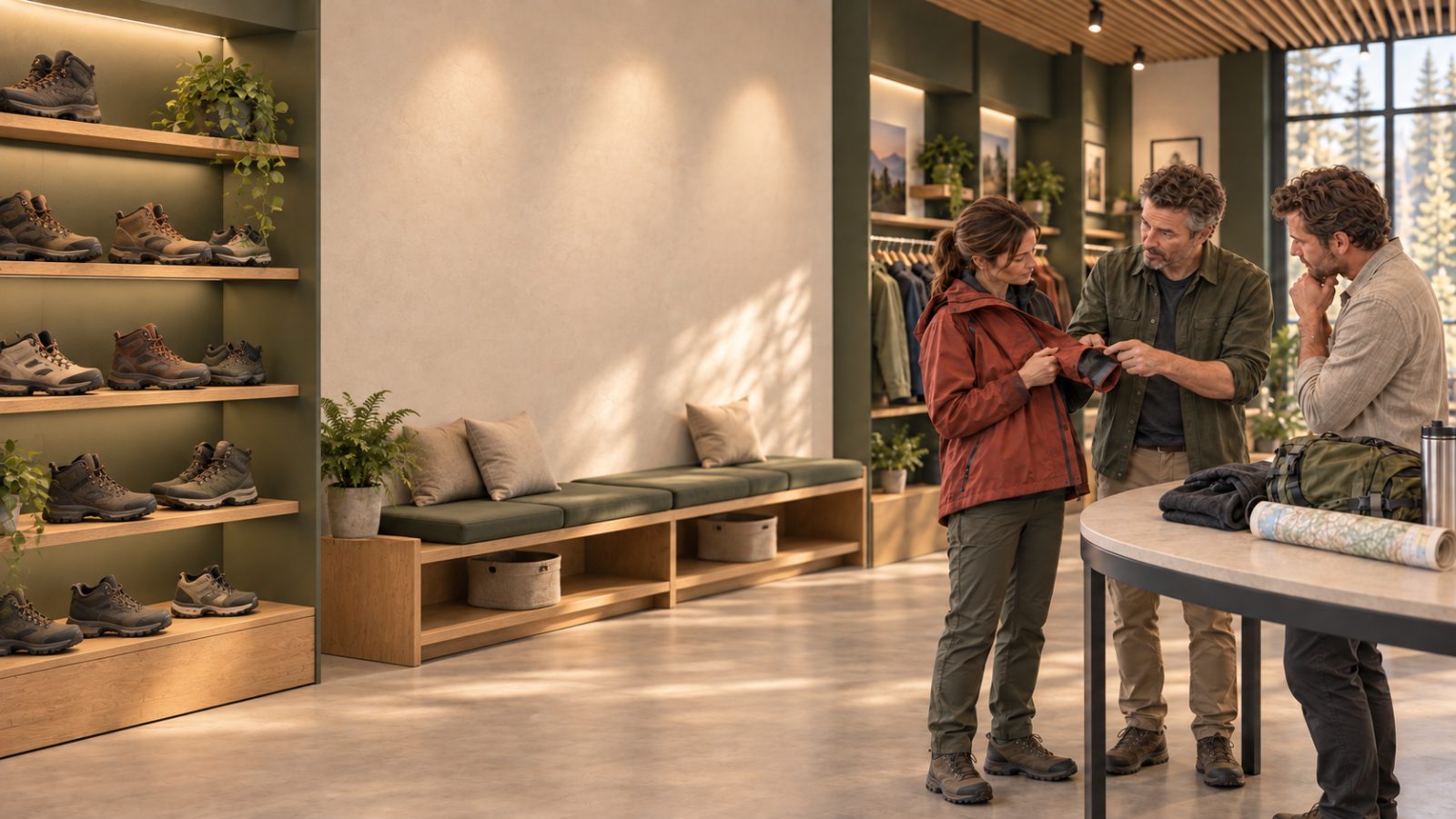 An outfitter showing a customer the cuff of a red rain jacket while another customer listens.