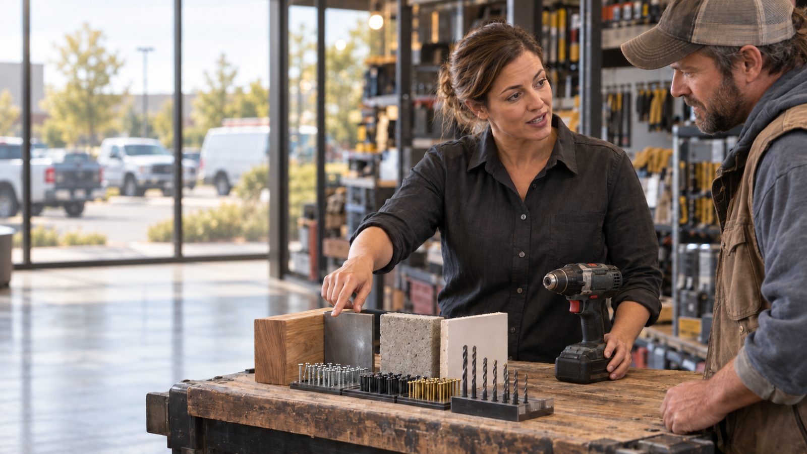 A shop owner at a trade counter pointing at sample materials while a contractor holding a drill listens.